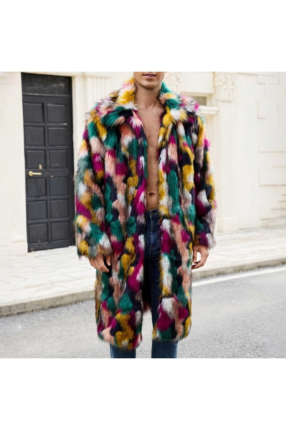 Mens Faux Fur Coat Long Warm Thick Overcoat Open Front Lapel Collar Fluffy Jackets Fashion Color Block Winter Coats Outwear