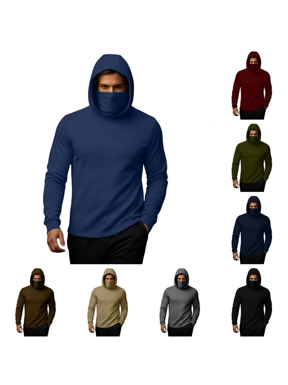Mens Fishing Hoodie UV Sun Protection Shirts Wram Long Sleeve Solid Sweatshirt Hiking Performance Mesh Face Mask Pullover Tops S-3XL