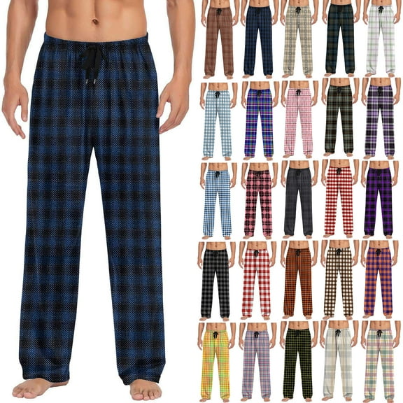Xcmzpl Mens Flannel Pajama Pants Color Block Plaid Lounge Pj Bottoms Loose Straight Wide Leg Pants Loungewear for Men with Pockets