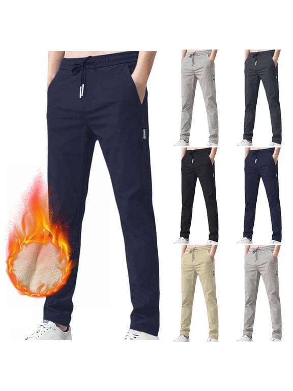 Mens Fleece Lined Pants Elastic Waist Straight Leg Drawstring Chino Trousers Baggy Stretch Lightweight Slacks Pant with Pocket