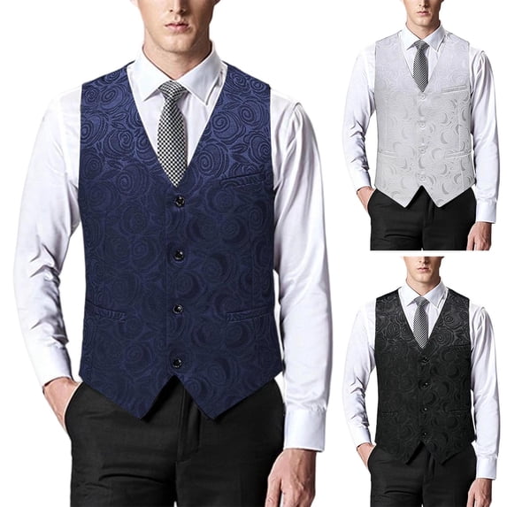 Xcmzpl Mens Floral Print Vest V Neck Single Breasted Sleeveless Waistcoat for Wedding Party M to 5XL