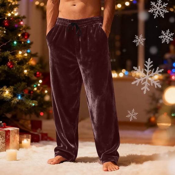 Xcmzpl Mens Fuzzy Fleece Lounge Pants Fall Winter Flannel Warm Straight Wide Leg Trousers Solid Elastic Waist Plush Bottoms with Pocket S-3XL