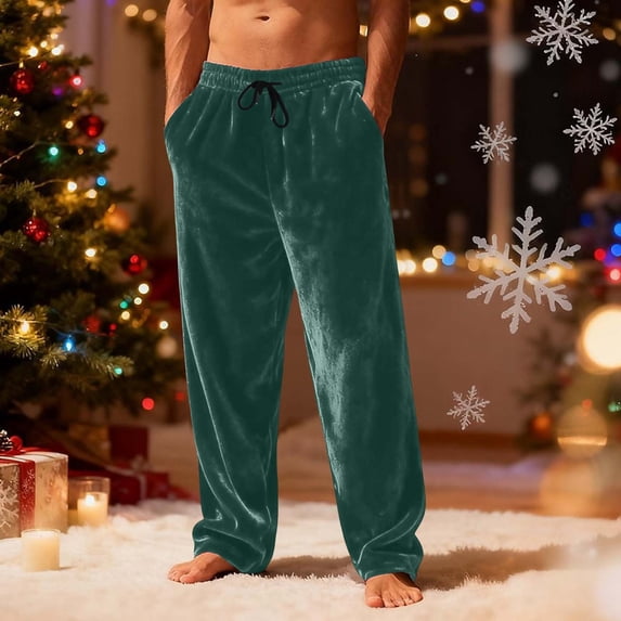 Xcmzpl Mens Fuzzy Fleece Lounge Pants Fall Winter Flannel Warm Straight Wide Leg Trousers Solid Elastic Waist Plush Bottoms with Pocket S-3XL