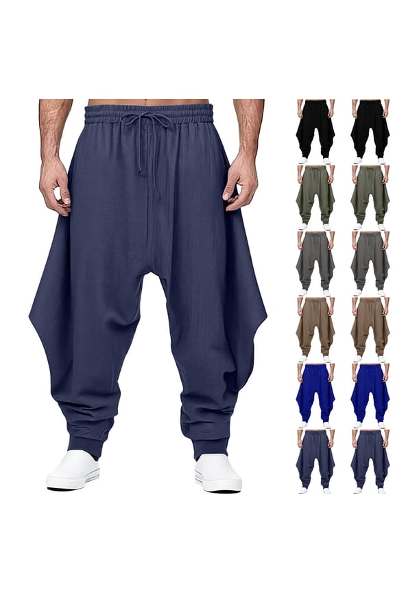 Mens Harem Pants Baggy Hippie Casual Cotton Linen Pants Loose Boho Yoga Beach Drop Crotch Trouser with Pocket