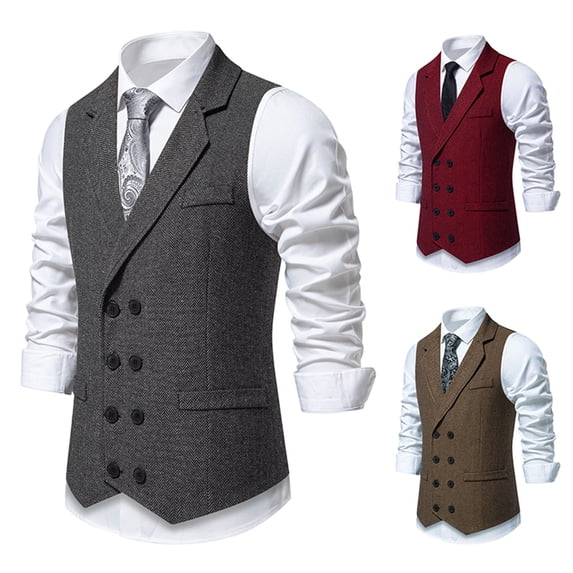 Xcmzpl Men's Herringbone Tweed Vest Double Breasted Lapel Collar Sleeveless with Pockets Business Meeting
