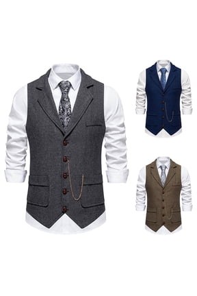 Men's Herringbone Tweed Vest Lapel Collar Single Breasted Sleeveless Wedding Waistcoat S to XXL