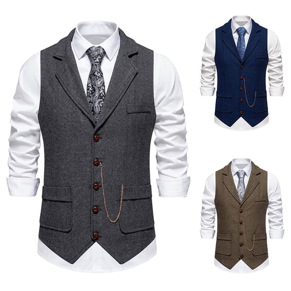 Xcmzpl Men's Herringbone Tweed Vest Lapel Collar Single Breasted Sleeveless Wedding Waistcoat S to XXL