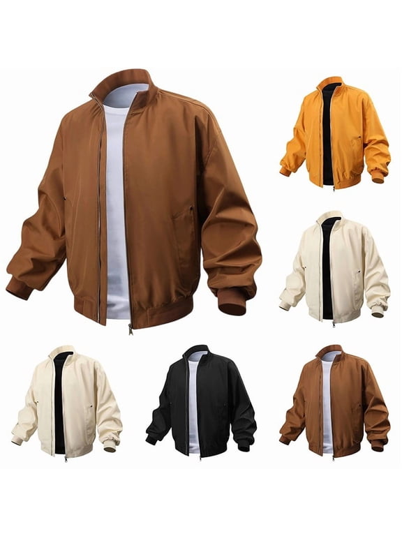 Mens Lightweight Bomber Jackets Stand Collar Windbreaker Softshell Jacket Zip Up Solid Jacket Coat for Fall Outdoor Pockets