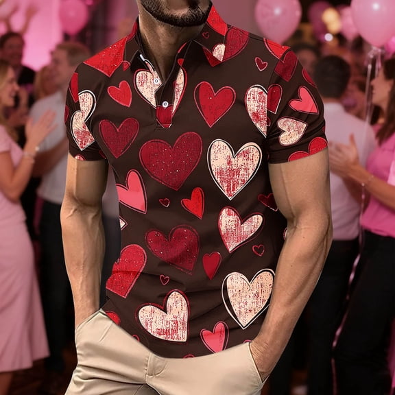 Xcmzpl Mens Love Graphic Print T Shirts Collar Button Up Short Sleeve Golf Shirts Happy Valentines Day Shirts All Heart Tee Shirts