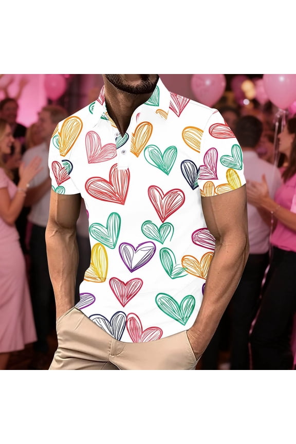 Mens Love Graphic Print T Shirts Collar Button Up Short Sleeve Golf Shirts Happy Valentines Day Shirts All Heart Tee Shirts
