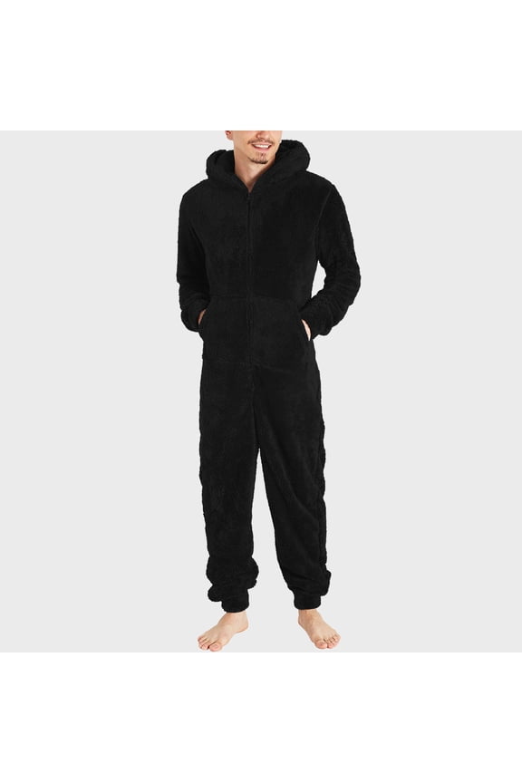 Mens Onesie Pajamas Big and Tall Fleece Jumpsuit Fuzzy One Piece Sleepwear Warm Plush Lounge Romper Solid Pj Bodysuit with Pocket