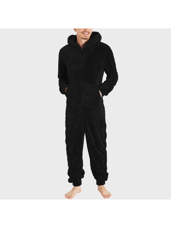 Mens Onesie Pajamas Big and Tall Fleece Jumpsuit Fuzzy One Piece Sleepwear Warm Plush Lounge Romper Solid Pj Bodysuit with Pocket