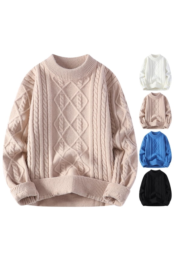 Mens Oversized Sweaters Warm Cable Knit Sweaters Crew Neck Long Sleeve Chunky Pullover Solid Drop Shoulder Sweater Tops