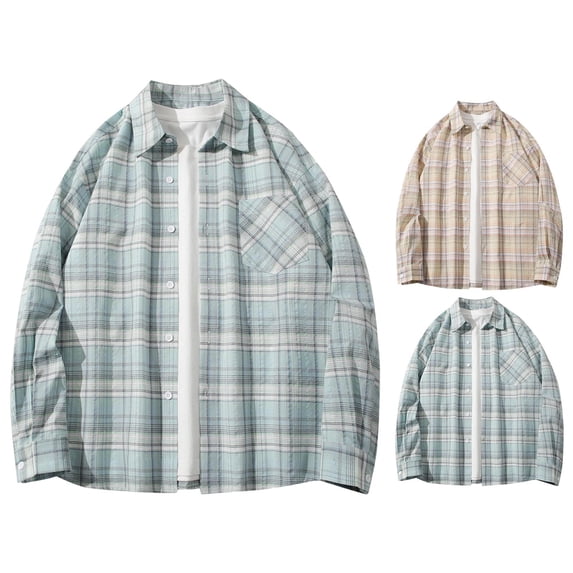 Xcmzpl Mens Plaid Cotton Shirts Long Sleeve Button Down Casual Shirt Jacket Lightweight Dressy Work Blouse Fall Blouses for Men