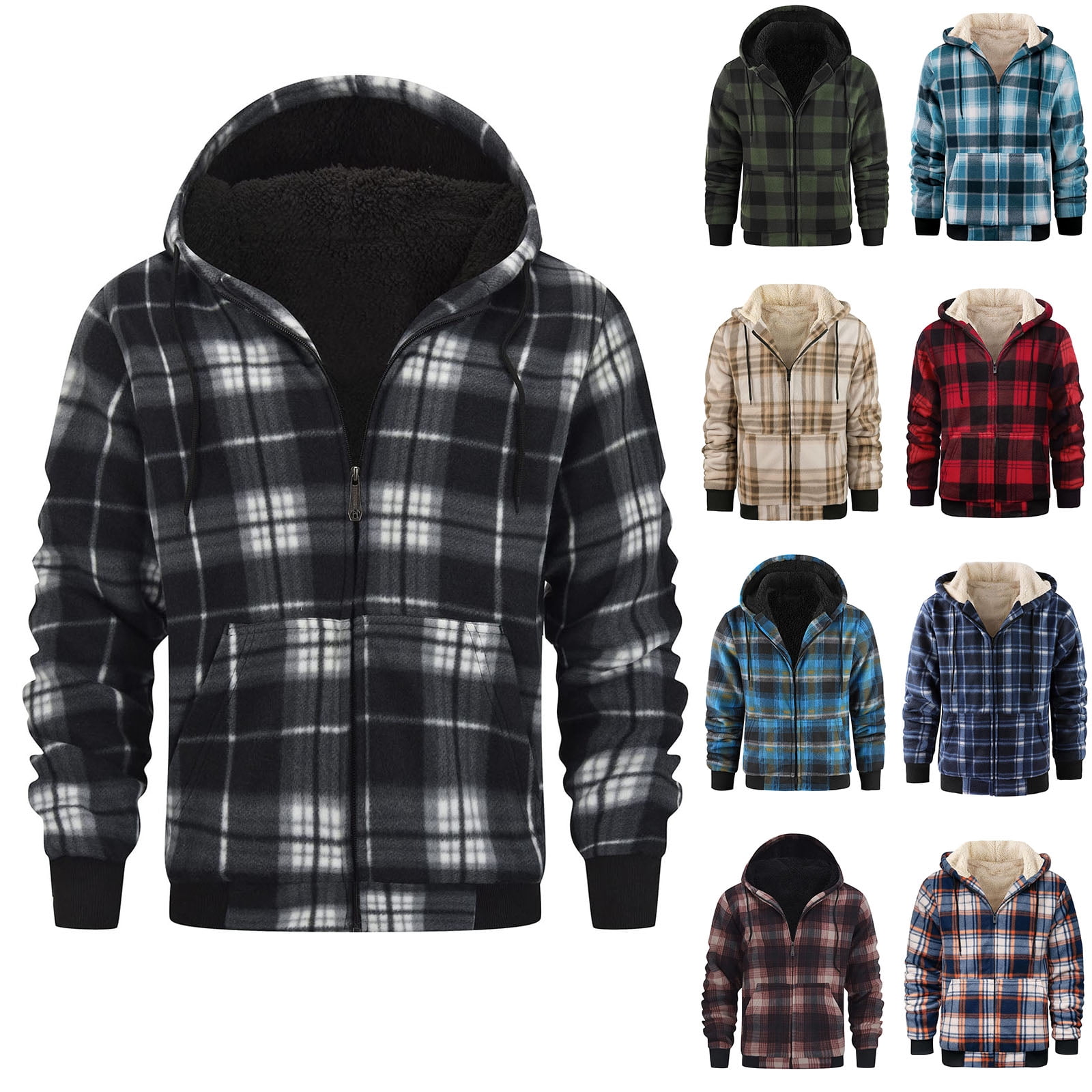 Xcmzpl Mens Plaid Hoodies Winter Zip Up Fleece Jacket Sherpa Fuzzy Lined Shacket Jacket Warm Flannel Jacket Coat Outwear with Pocket