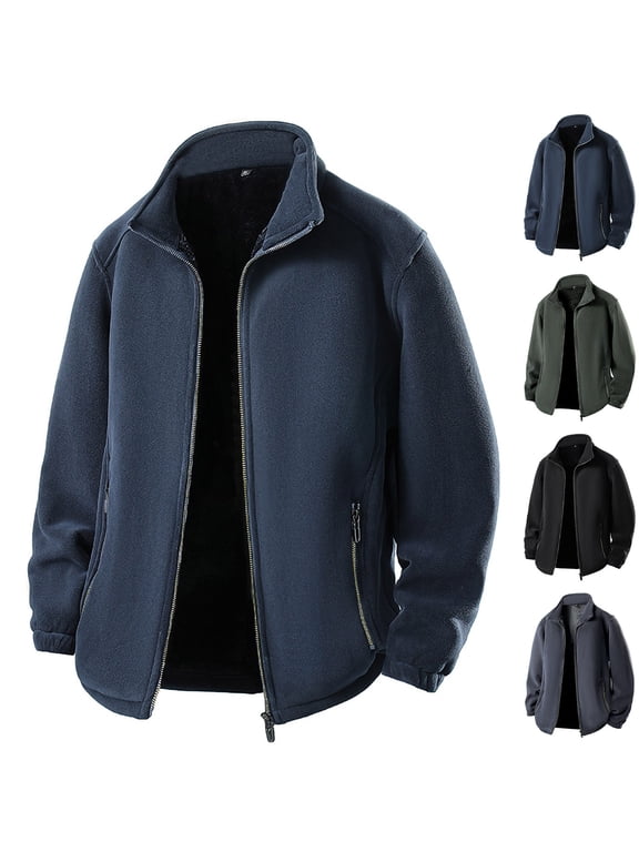 Mens Polar Fleece Jacket Zip Up Stand Collar Sherpa Lined Warm Winter Coats Solid Thicken Jacket Coats with Zipper Pocket