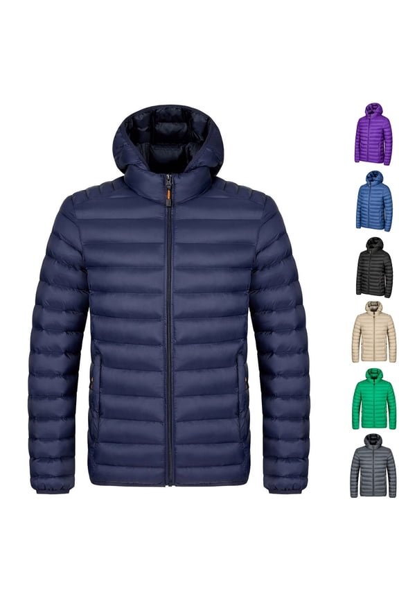 Mens Puffer Jacket Winter Packable Quilted Jacket Warm Hooded Down Jacket Full Zip Up Insulated Outerwear Outdoor Thermal Coat