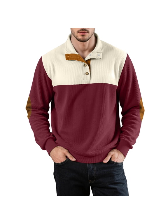 Mens Quarter Button Sweatshirts Casual Long Sleeve Stand Collar Pullover Tops Fashion Color Block Sweatshirts with Elbow Patches