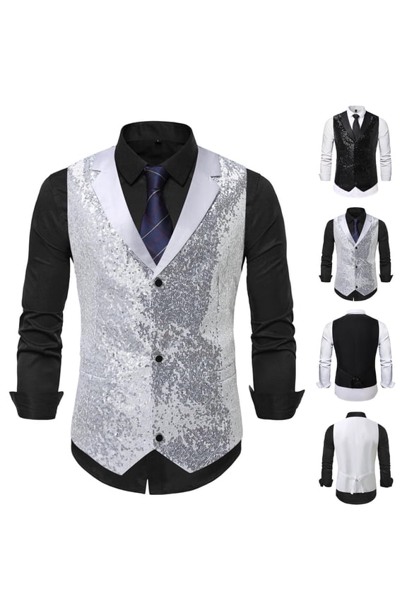 Men's Sequin Decorative Vest V Neck Single Breasted Sleeveless Formal Waistcoat Date Night Holiday Party
