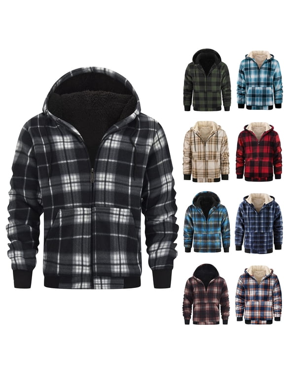 Mens Sherpa Flannel Shirt Jacket Plaid Fleece Lined Hoodie Full Zip Long Sleeve Warm Winter Coat Vintage Outerwear Pocket for Men