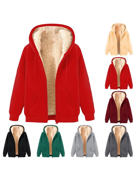 Mens Sherpa Fleece Lined Hoodies Zip Up Warm Sweatshirt Jackets Solid Thermal Jacket Coats Outdoor Hooded Outwear Pocket