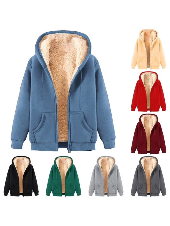Mens Sherpa Fleece Lined Hoodies Zip Up Warm Sweatshirt Jackets Solid Thermal Jacket Coats Outdoor Hooded Outwear Pocket