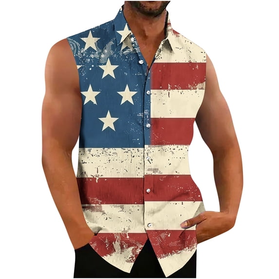 Xcmzpl Mens Sleeveless 4th of July Tank Tops Casual American Flag Stars and Stripes Button Down Shirts Lapel Collar Patriotic Tanks