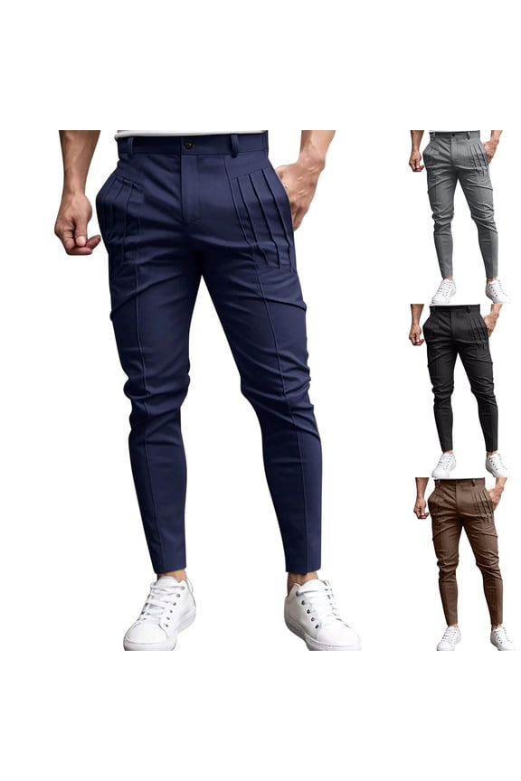 Mens Slim Fit Dress Pants Chino Casual Elastic Waist Slacks Trousers Comfy Stretchy Work Pants Suit Pants with Pocket