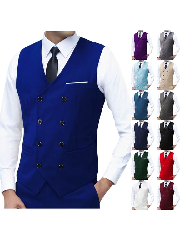 Mens Slim Fit Vest V Neck Double Breasted Sleeveless Formal Waistcoat S to 3XL Office Uniform
