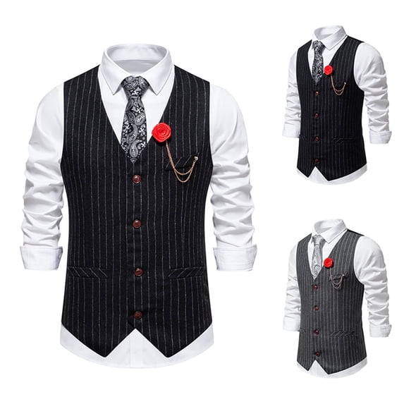 Xcmzpl Mens Striped Vest V Neck Single Breasted Sleeveless Wedding Waistcoat with Pockets S to 2XL