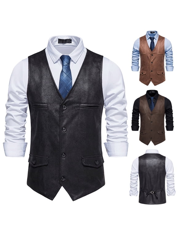 Mens Suede Vest V Neck Single Breasted Sleeveless Casual Waistcoat with Fake Pockets S to XXL