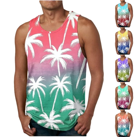 Xcmzpl Mens Summer Beach Tank Top Hawaiian Palm Tree Print Sleeveless Muscle Basic Tee Crewneck Vacation Tops