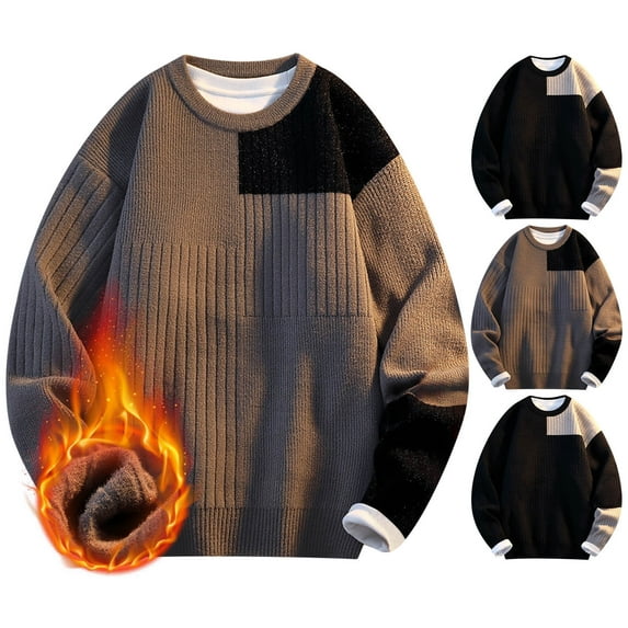 Xcmzpl Mens Sweaters Fleece Lined Chunky Sweaters Oversized Crewneck Long Sleeve Knit Pullover Color Block Sweaters for Men
