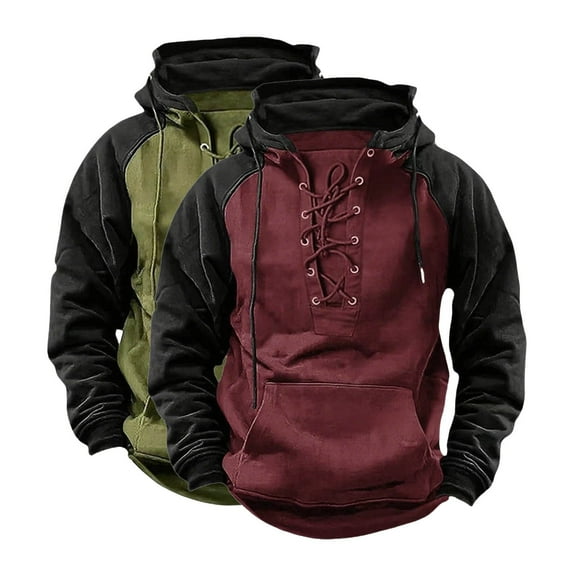 Xcmzpl Mens Tactical Sweatshirts Lace Up Aztec Hooded Pullover Long Sleeve Cargo Workout Outdoor Hoodies with Pocket S-3XL