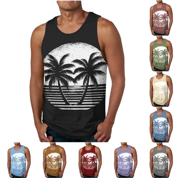 Xcmzpl Mens Tank Tops Hawaiian Sleeveless Shirts Graphic Beach Coconut Tree Gym Tanks Crew Neck Casual Tee Shirts