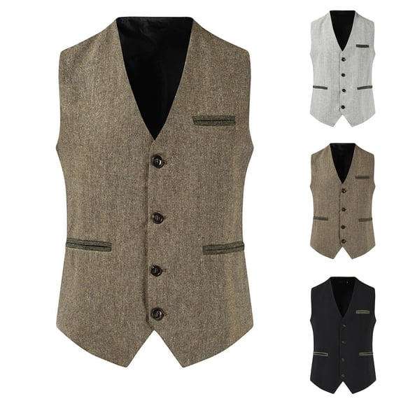 Xcmzpl Men's Tweed Plaid Vest V Neck Single Breasted Sleeveless with Pockets Daily Business Office Wear