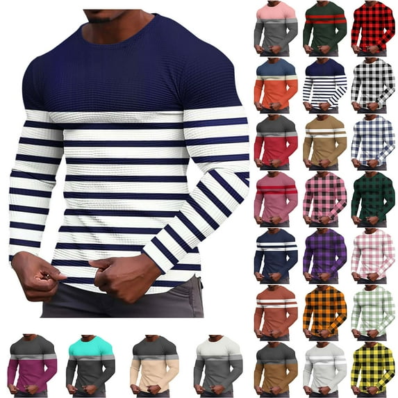Xcmzpl Mens Waffle Crewneck Shirts Slim Fit Long Sleeve Casual T-Shirt Big and Tall Color Block Pullover Tops Undershirts for Men