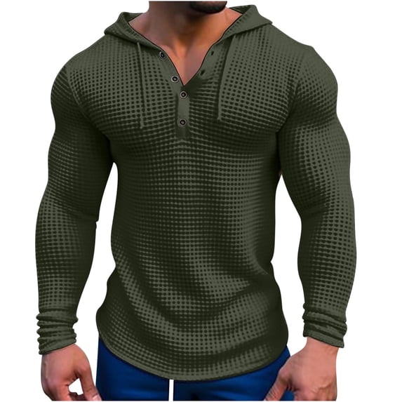 Xcmzpl Mens Waffle Knit Hoodies Casual Long Sleeve Drawstring Hooded Sweatshirt Slim Fit Muscle Hoodie Quarter Button Pullover Tops