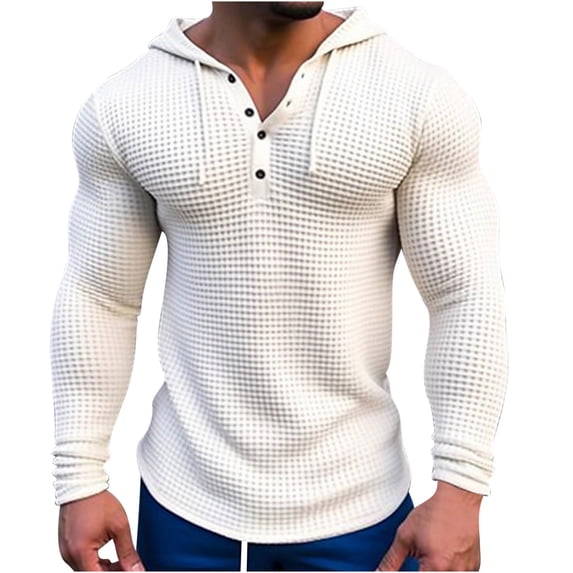 Xcmzpl Mens Waffle Knit Hoodies Casual Long Sleeve Drawstring Hooded Sweatshirt Slim Fit Muscle Hoodie Quarter Button Pullover Tops