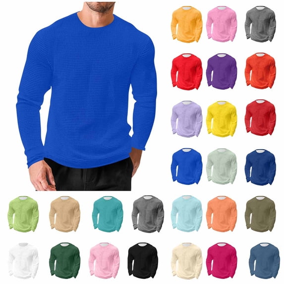 Xcmzpl Mens Waffle Shirts Long Sleeve Solid Shirt Regular Fit Casual T-Shirt Crewneck Lightweight Pullover Top Camiseta Para Hombre