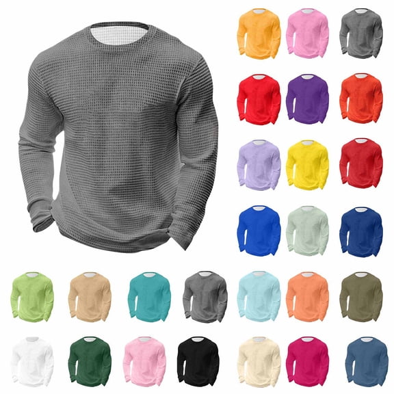 Xcmzpl Mens Waffle T-Shirt Long Sleeve Lightweight Casual Pullover Tees Crewneck Basic Solid Color Textured Knitted Tops