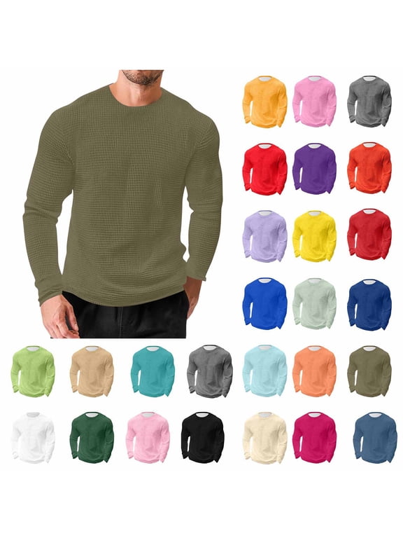 Mens Waffle T-Shirt Long Sleeve Lightweight Casual Pullover Tees Crewneck Basic Solid Color Textured Knitted Tops