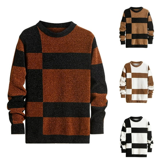 Xcmzpl Oversized Sweaters for Men Crew Neck Long Sleeve Knit Pullover Casual Color Block Fall Sweaters Vintage Warm Fall Sweater Tops