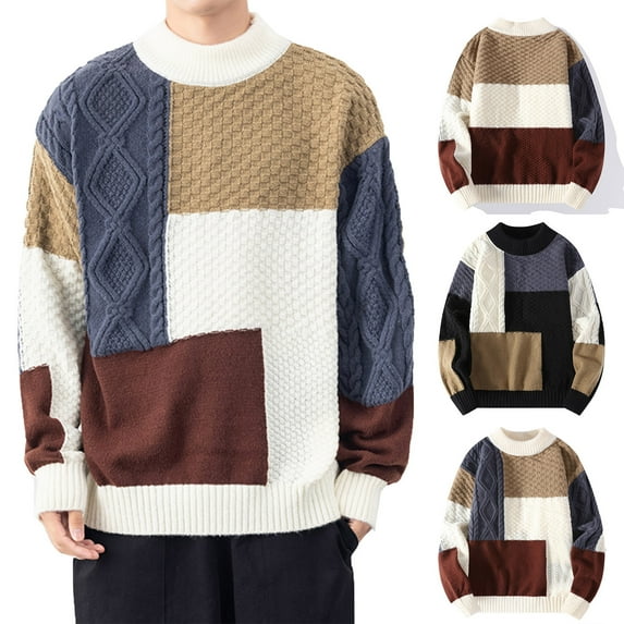 Xcmzpl Oversized Sweaters for Men Twist Textured Fisherman Sweater Crew Neck Long Sleeve Knit Pullover Big and Tall Color Block Sweaters