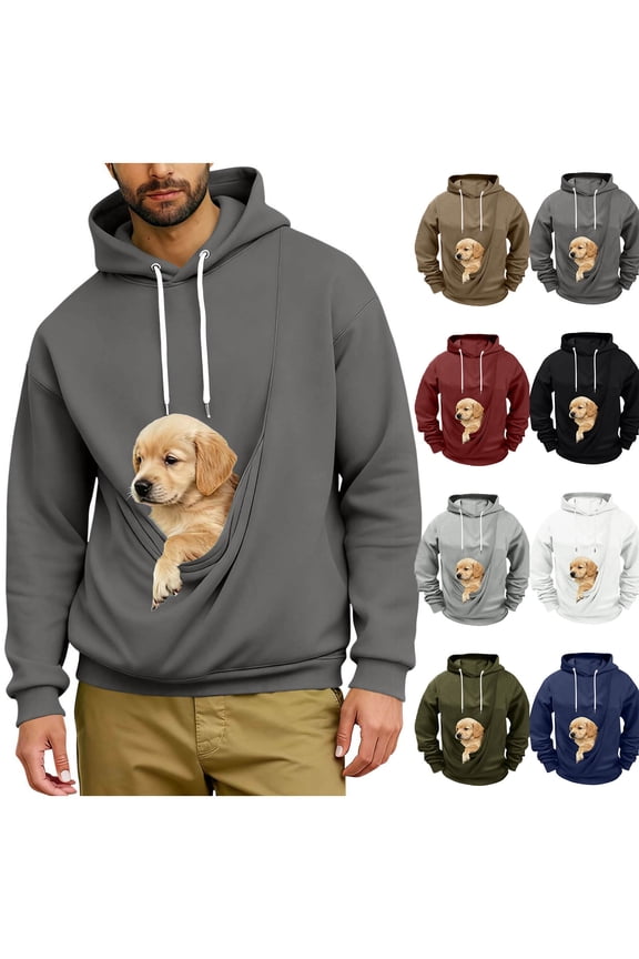 Pet Pouch Hoodies for Men Kangaroo Pocket Solid Pouch Sweatshirts Pet Carrier Pullover Loose Fit Animal Holder Long Sleeve Tops