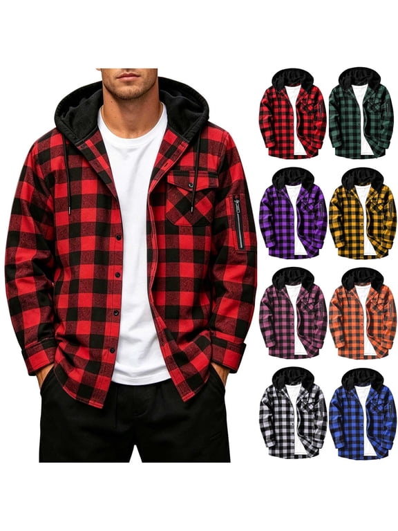 Plaid Hooded Jacket for Men Long Sleeve Button Down Hidden Pocket Shirts Vintage Fall Shacket Jackets Lightweight
