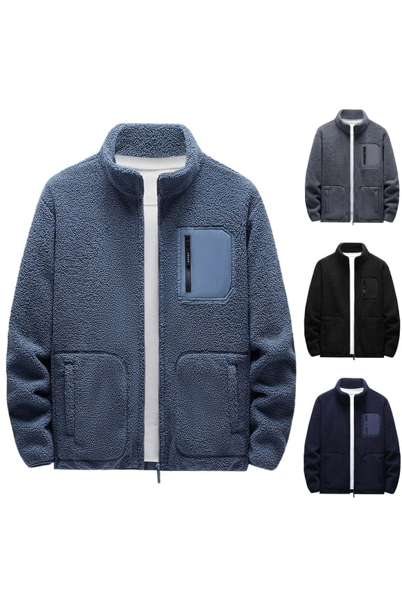 Polar Fleece Jacket for Men Full Zip Sherpa Fuzzy Coats Stand Collar Color Block Warm Outwear Hidden Pocket Sweatshirt Jackets