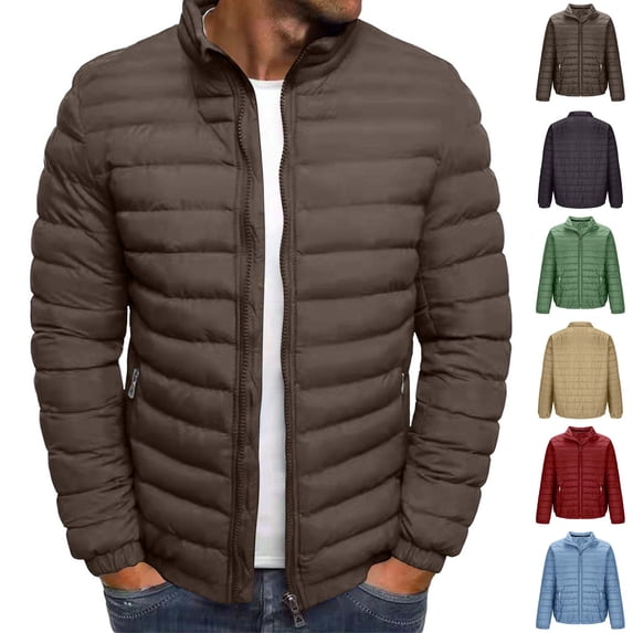 Xcmzpl Puffer Jacket Men Full Zip Stand Collar Quilted Jackets Solid Warm Winter Coats Lightweight Fall Outerwear with Pockets