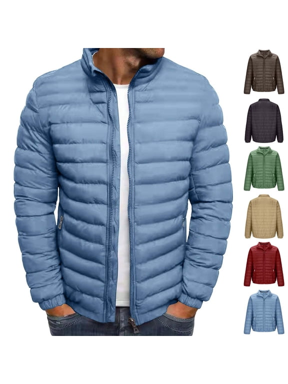 Puffer Jacket Men Full Zip Stand Collar Quilted Jackets Solid Warm Winter Coats Lightweight Fall Outerwear with Pockets