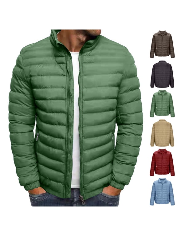 Puffer Jacket Men Lightweight Zip Up Quilted Jackets Warm Casual Long Sleeve Winter Coats Solid Outerwear with Pocket